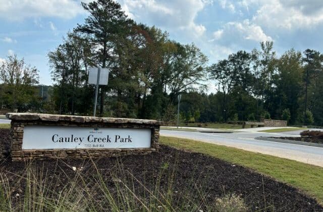 Cauley Creek Park front entrance sign in Johns Creek, Georgia.