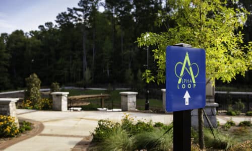 Alpha Loop sign located in Thompson Street Park in Alpharetta, Georgia