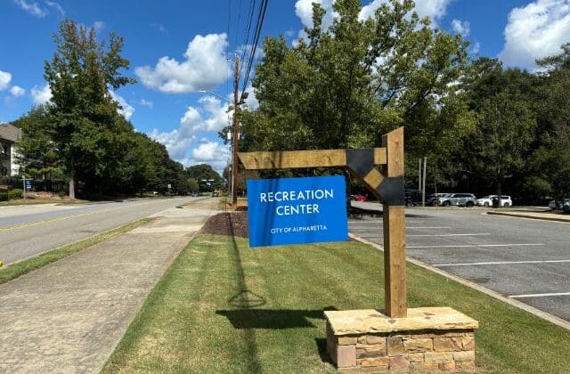 Entrance sign of Wills Park Recreation Center in Alpharetta, Georgia