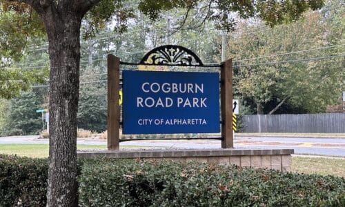 Entrance sign of Cogburn Road Park in Alpharetta