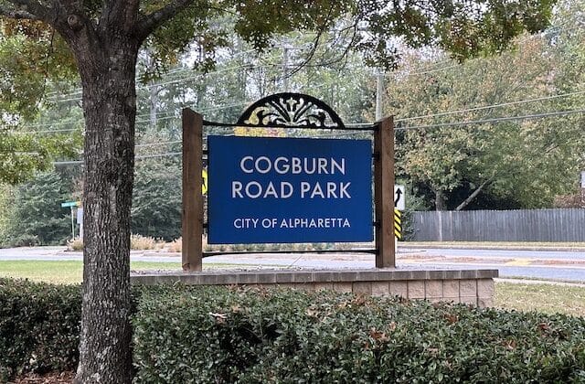 Entrance sign of Cogburn Road Park in Alpharetta