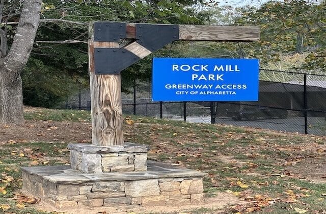 Entrance sign of Rock Mill Park in Alpharetta