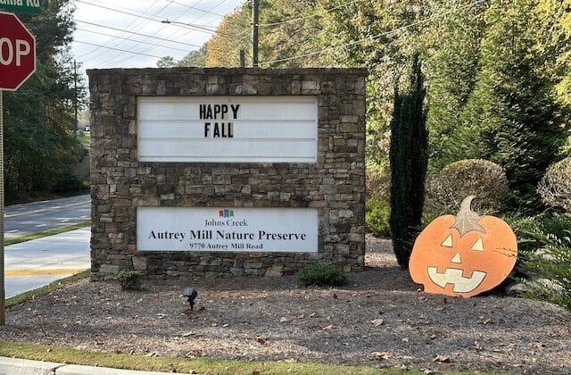 Front sign of Autrey Mill Preserve & Heritage Center in Johns Creek, GA