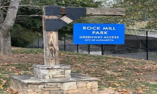 Entrance sign of Rock Mill Park in Alpharetta